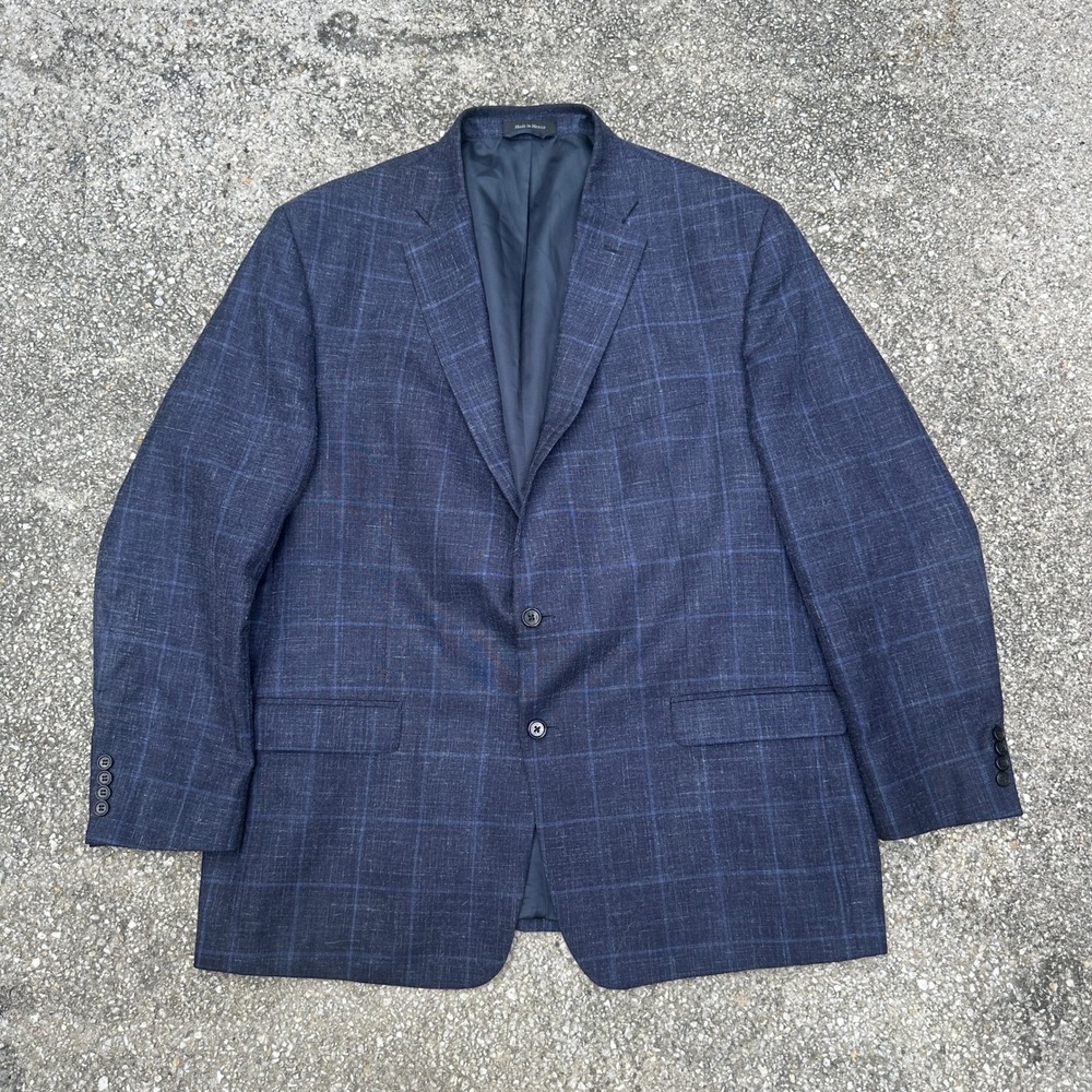 Lauren Ralph Lauren Mens 50L Wool Silk Linen Navy Blue Windowpane Blazer Jacket